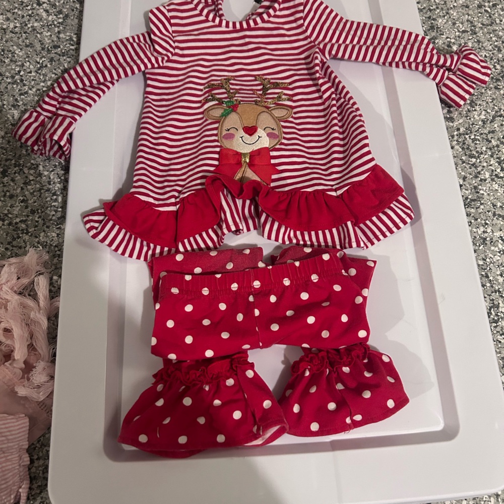 Rare Editions Red and White Striped Baby outfit with Christmas reindeer